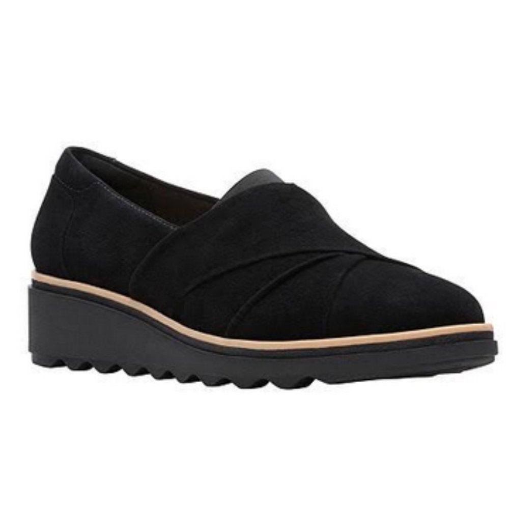 CLARKS Collections Black Suede Flatform Loafer Shoes